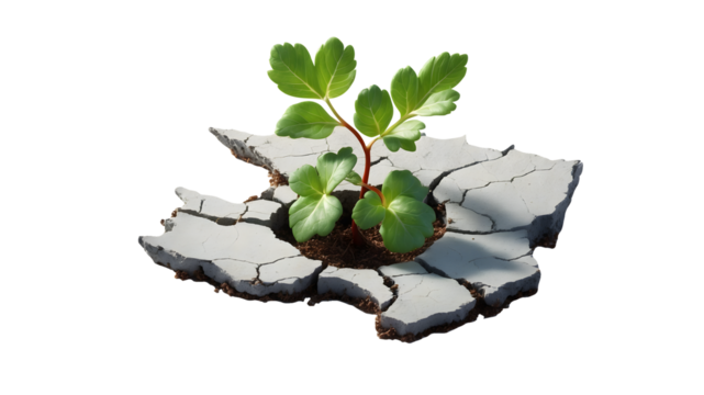 Green Plant Growing Through Cracked Concrete – Isolated PNG for Resilience, Hope, and Nature Concepts

