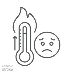 Heat Anxiety Icon. Temperature Rise Outline. Editable Stroke Thermometer. Sad Face Climate Reaction. Global Warming and Fire Symbol.