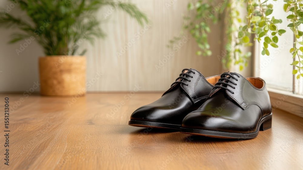 Poster a pair of polished black shoes displayed with a sophisticated arrangement, capturing elegance and st