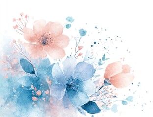 Delicate watercolor floral arrangement in soft blues and peaches, corner composition, ethereal feel, scattered paint splatters