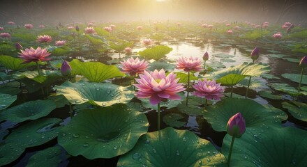 Serene Morning Light Illuminates a Lush Field of Delicate Pink Water Lilies Growing in Tranquil Waters