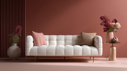 A 4K photo of white cushion centered on pink sofa, terracotta studio backdrop and side light, mockup photography for interior branding and home decor.