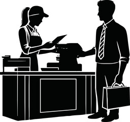 Fototapeta premium Retail cashier and customer in payment process, silhouette vector style on white background