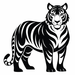 Stylized Black and White Illustration of a Majestic Tiger Standing Proudly with Intricate Striped Pattern Design