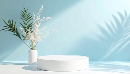 パステルブルーのグラデーション背景に映える白いディスプレイスタンドと観葉植物Generated image