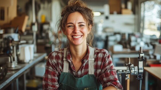 A smiling young woman in a workshop environment showcases her joy while working on artisanal goods, revealing her passion and creativity in the art of handmade craftsmanship.