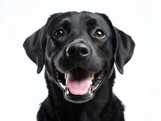 Black labrador with a joyful expression against a light background