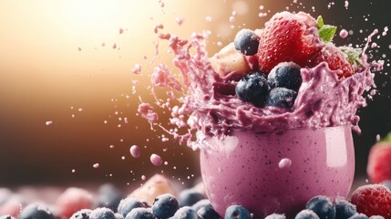 An energetic moment captured with a smoothie bursting with berries, splashing around in vibrant colors, symbolizing vitality and a delicious lifestyle choice.