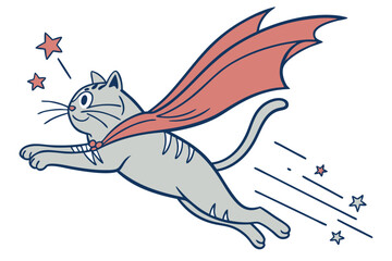 Cartoon Cat Superhero Soaring with Cape Accompanied by Stars Whimsical and Playful Illustration With a Cat-Themed Concept