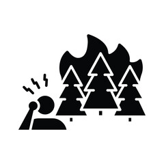 Stressed Person Forest Fire Glyph Icon. Climate Anxiety Reaction. Burning Trees Solid Silhouette. Environmental Crisis Symbol.