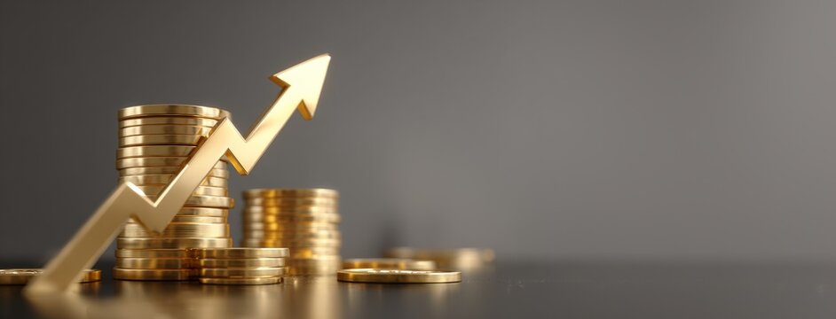 A stack of gold coins with a rising arrow. Financial growth and investment. Neutral wide banner with copy space