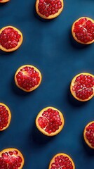 A vibrant pattern of halved pomegranates arranged on a deep blue background, showcasing their juicy red arils