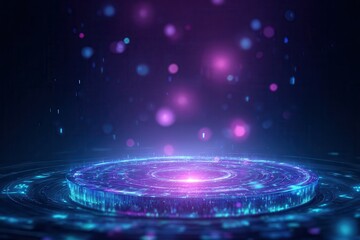 A circular podium with glowing digital code patterns, set against an abstract background of neon lights and holographic effects. The podium is centered in the composition.