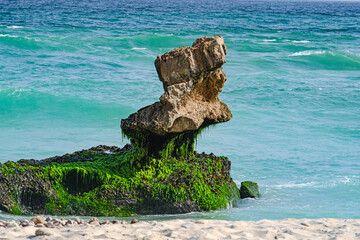 Moss-covered Rock Formation by the Turquoise Ocean in Salalah Oman