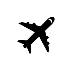 Obraz premium Silhouette icon of a commercial airplane in flight, presented in black on a white background.