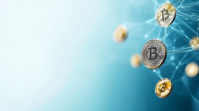 Close-up view of physical bitcoin coins stacked on a reflective surface with digital currency theme