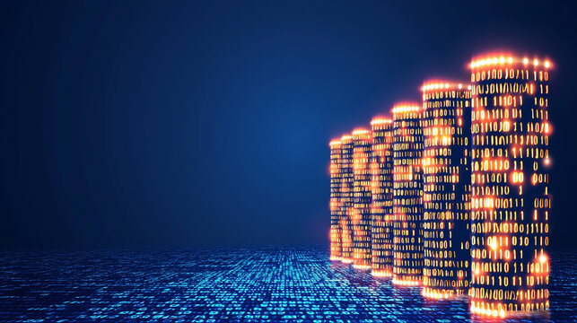 Large number of glowing blocks arranged in dark space creating an abstract digital background