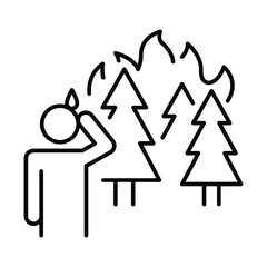 Forest Fire Icon. Person Watching Burning Trees Outline. Climate Disaster Line Style. Crisis Awareness Symbol.