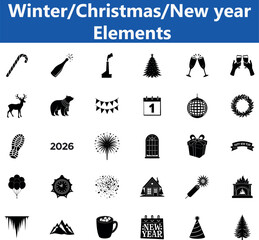 Winter Holiday, Christmas and New Year's Eve vector Set: Black Silhouettes, Festive Mood

