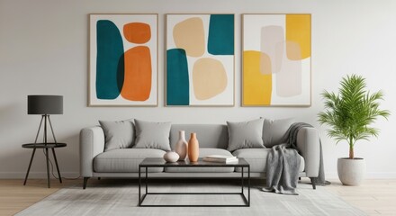 Modern Living Room Featuring A Gray Sofa With Three Abstract Art Pieces On The Wall Above It