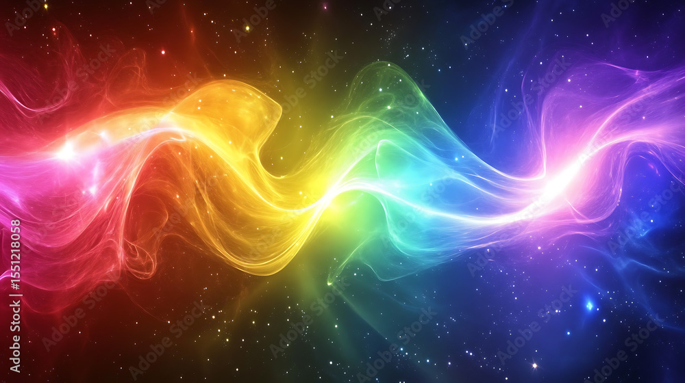 Poster a colorful wave of light with a dark background. the colors are bright and vibrant, creating a sense