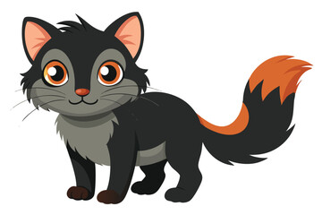 Cartoon Cat with Black and Gray Fur and Orange Eyes and Tail Stands Adorably Against White Background