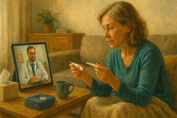   Home Telemedicine Consultation with Doctor = Digital illustration