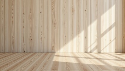 Minimalist interior design with light wood paneling and natural sunlight