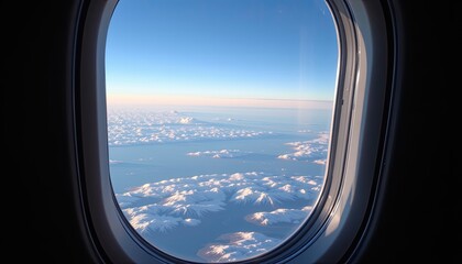 Naklejka premium Scenic View from Airplane Window Over Snow-Capped Mountains and Ocean
