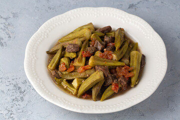 Bamya, Turkish traditional food. (Turkish cuisine) Homemade Food Okra in Plate. Organic Food.