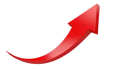 A glossy red arrow curves upwards indicating growth and progress isolated on transparent background