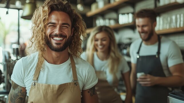 Cheerful barista with curly hair and an apron smiles warmly in a lively coffee shop, creating a perfect atmosphere for coffee lovers and social gatherings amidst supportive peers.
