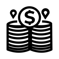 Two Stacks Of Stylized Coins With Dollar Sign And Location Pin Icons Representing Money Tracking