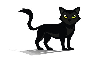 A Sleek Black Cat Illustration with Glowing Yellow Eyes and a Curious Stance Standing on a White Background