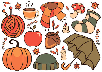 Autumn-themed collection featuring cozy items, fruits, and seasonal colors