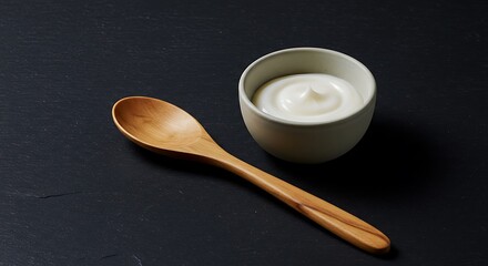 Creamy Delight: A Bowl of Yogurt with Wooden Spoon