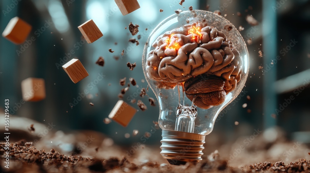 Poster an imaginative representation of a brain encased in a glass light bulb, depicting creativity and inn
