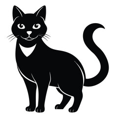 Elegant Silhouette of a Black Cat with Curled Tail Strikingly Posed Against a White Backdrop Creating a Classic Feline Image