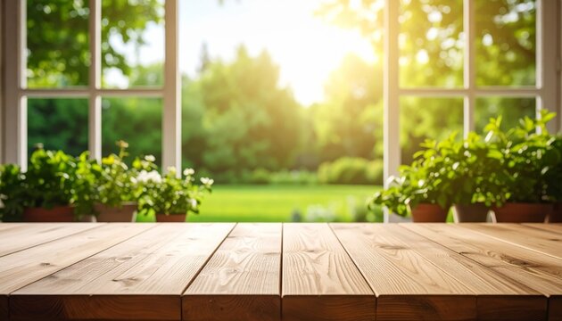Fototapeta Empty wooden table in a room with a window overlooking a green garden, perfect for a summer picnic backdrop