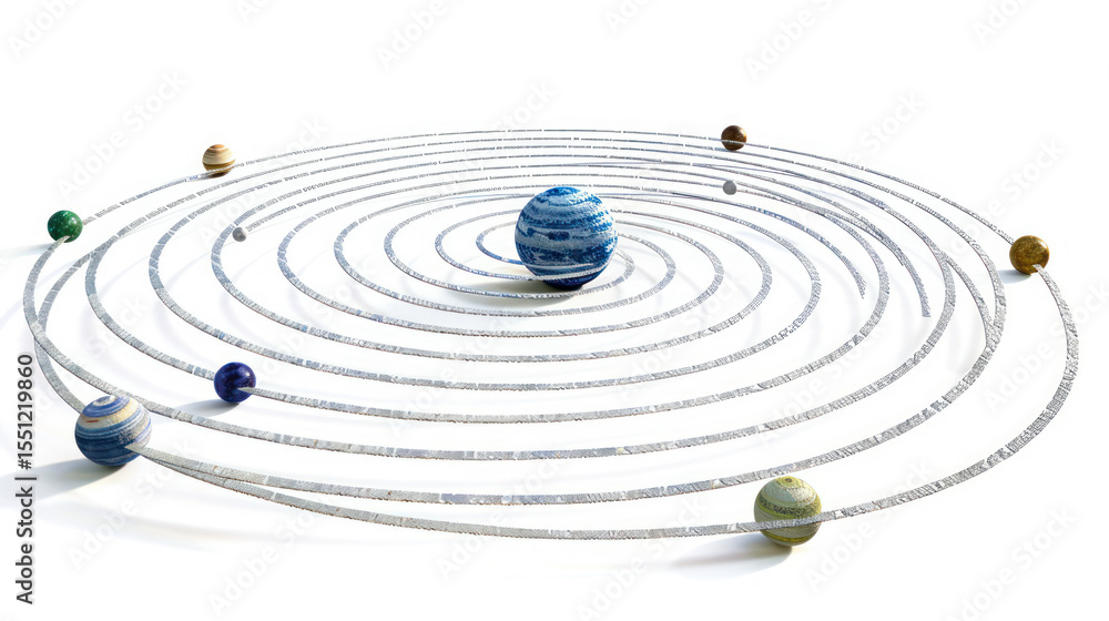 Poster artistic representation of the planetary orbit with stylized planets in a scientific setting on a wh