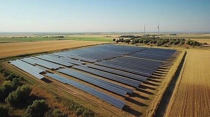 Aerial view of a vast solar farm amidst agricultural fields, showcasing renewable energy production in a rural landscape