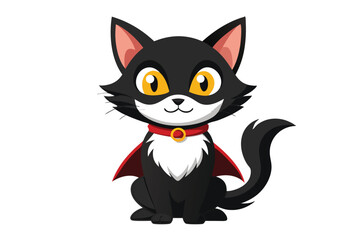 Whimsical Black Cat Superhero Cartoon Illustration with a Red Cape and Golden Eyes, Seated Comfortably on a White Background