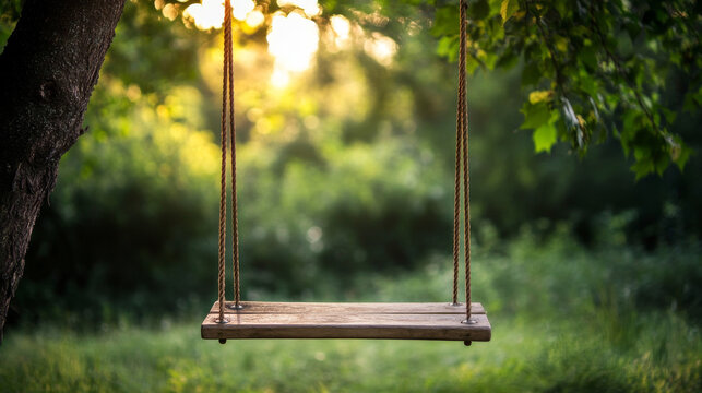 An empty wooden tree swing hangs in a lush, sunlit natural setting. Golden hour light creates a soft, nostalgic atmosphere.
