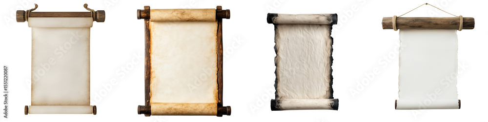 Poster set of ancient scrolls collection: four antique scrolls, each with unique texture and design, presen