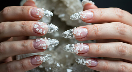 3D crystal geode nail art with white sugar texture on transparent stiletto nails. Woman's hands holding a quartz mineral. Luxury fantasy or winter beauty concept, macro close up of a creative manicure