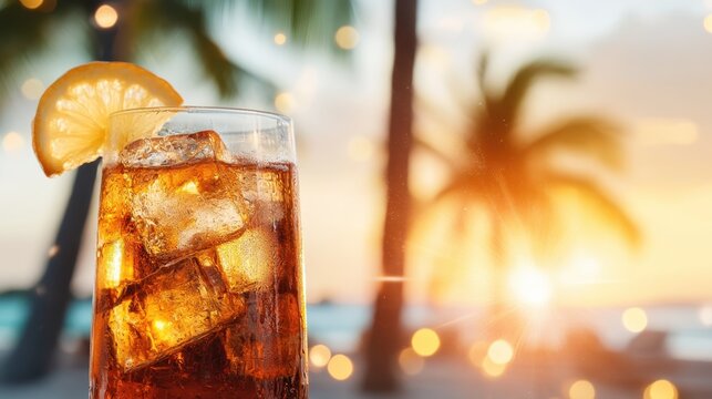A beautifully crafted glass of refreshing drink with lemon rests on a beach, capturing the essence of relaxation and capturing a perfect sunset view in the background.