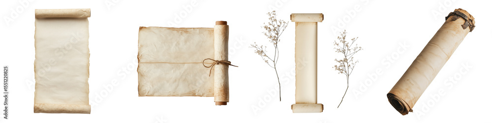 Poster set of vintage manuscript scrolls and rustic aesthetic: a set of aged parchment scrolls and elements