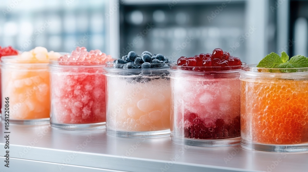 Poster an array of colorful jars filled with intricate frozen treats, showcasing an artistic display of fla