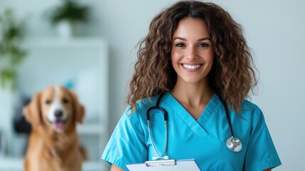A cheerful veterinarian smiles while holding a clipboard in a bright clinic, with a golden retriever dog happily in the background, showcasing care and professionalism in animal health.