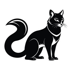 Elegant Black Cat Illustration with a Bushy Tail Gracefully Curled, Sitting with Alert Eyes and Whiskers on a White Backdrop